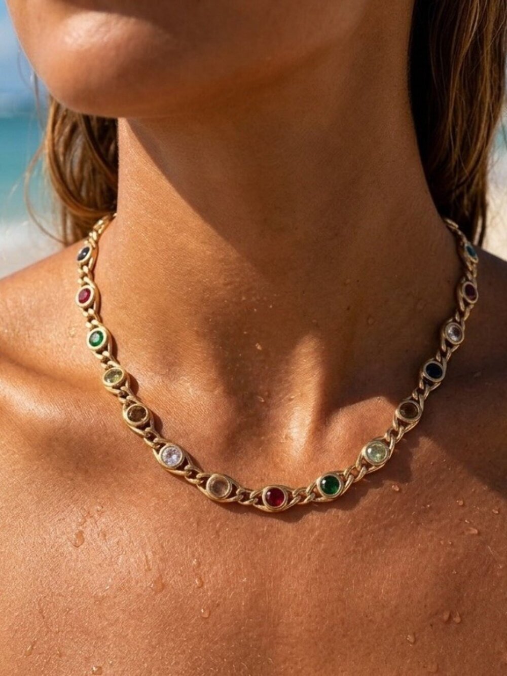 Waterproof 18K Gold Plated Stainless Steel Multi-Color Crystal Necklace Boho
